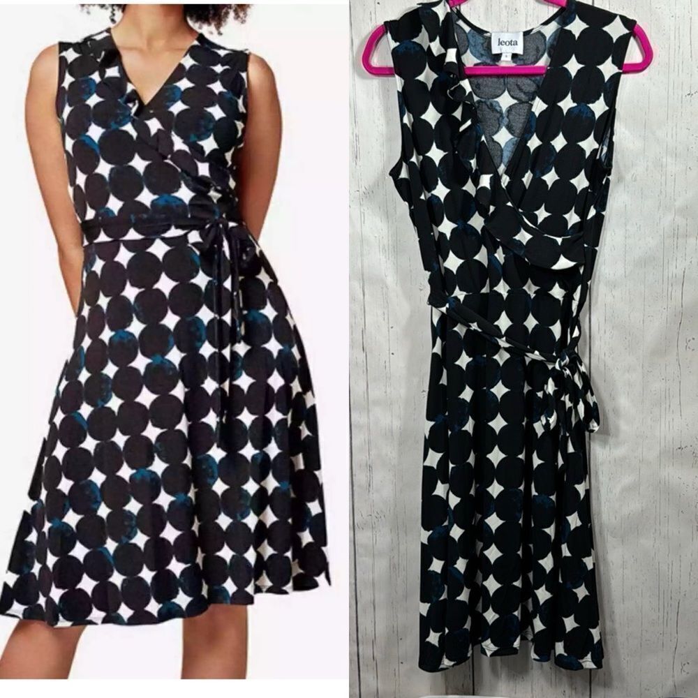 Leota Black White Polka Dot Faux Wrap Dress Geometric Retro Midi Preppy Size L
